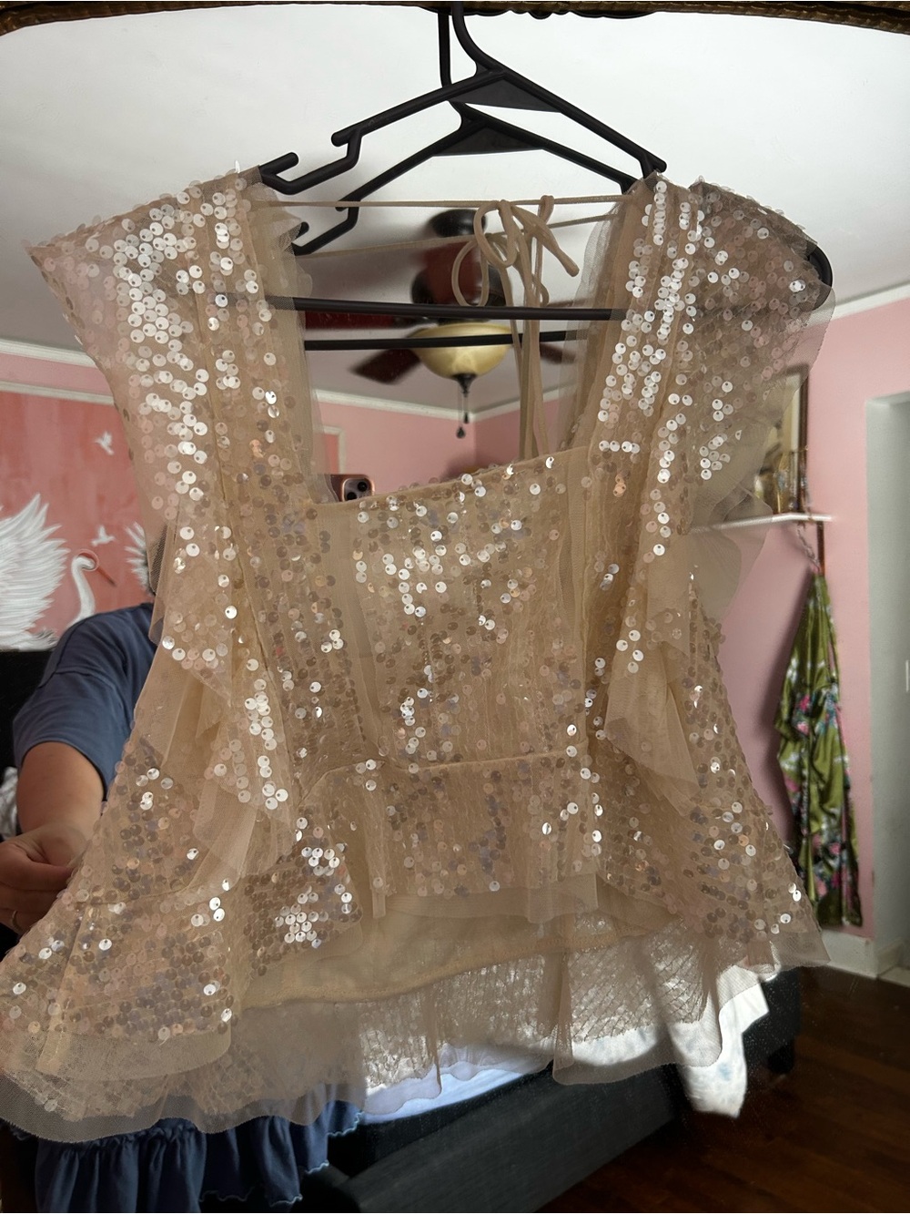 Anthropologie Iridescent Sequin Sheer Tulle Crop Top in Champagne - Picture 5 of 8